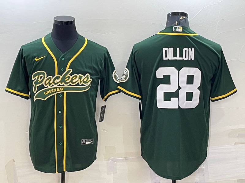 Men's Green Bay Packers #28 A.J. Dillon Green With Patch Cool Base Stitched Baseball Jersey
